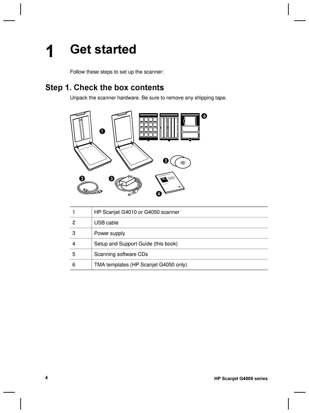 HP G4010 Photo manual Get started, Check the box contents 