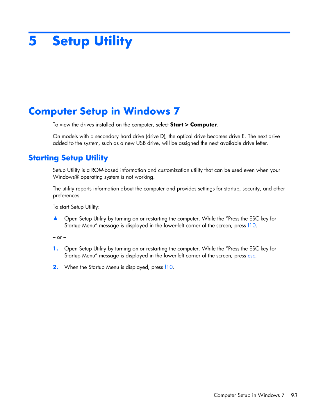 HP CQ42, G42 manual Computer Setup in Windows, Starting Setup Utility 