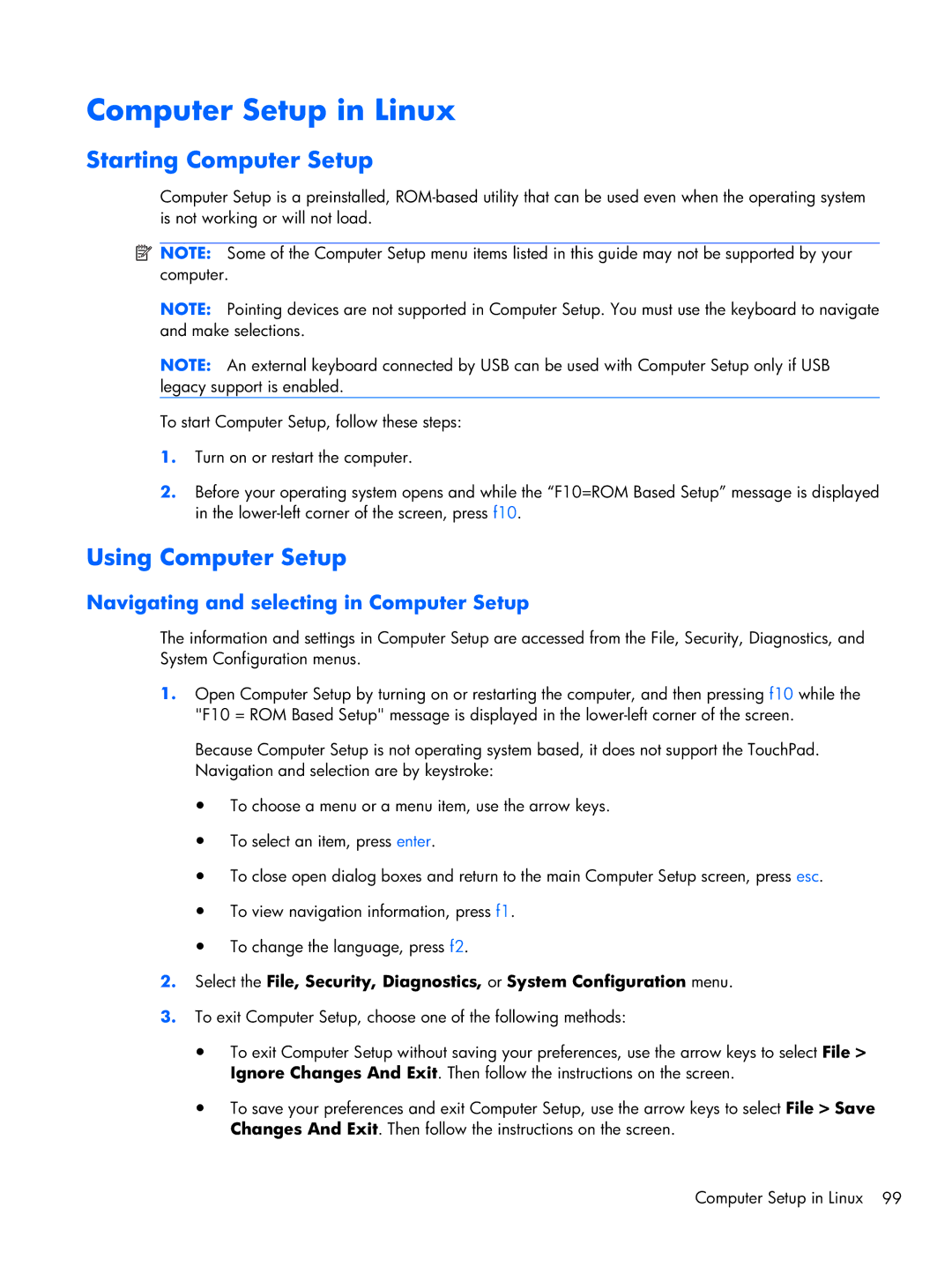 HP CQ42 Computer Setup in Linux, Starting Computer Setup, Using Computer Setup, Navigating and selecting in Computer Setup 