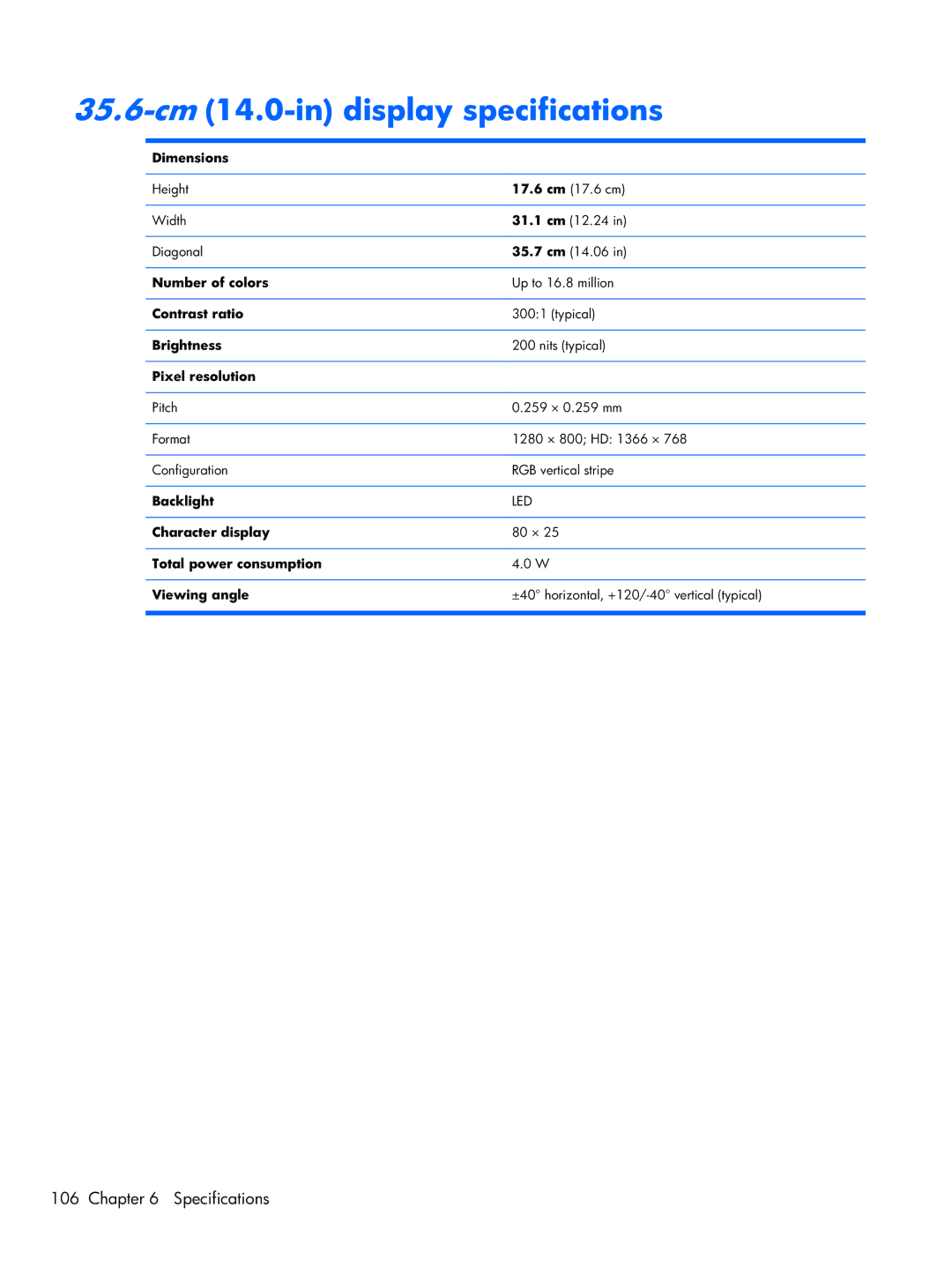 HP G42, CQ42 manual 35.6-cm14.0-in display specifications 