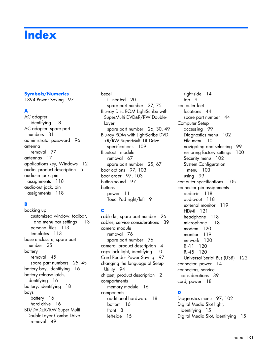 HP CQ42, G42 manual Index, Symbols/Numerics 