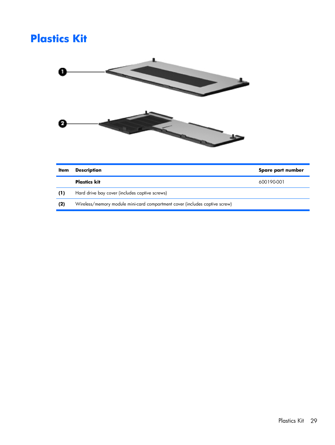 HP CQ42, G42 manual Plastics Kit, Item Description Spare part number Plastics kit 600190-001 