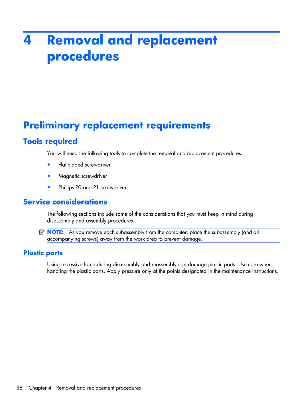 HP G42 Removal and replacement procedures, Preliminary replacement requirements, Tools required, Service considerations 