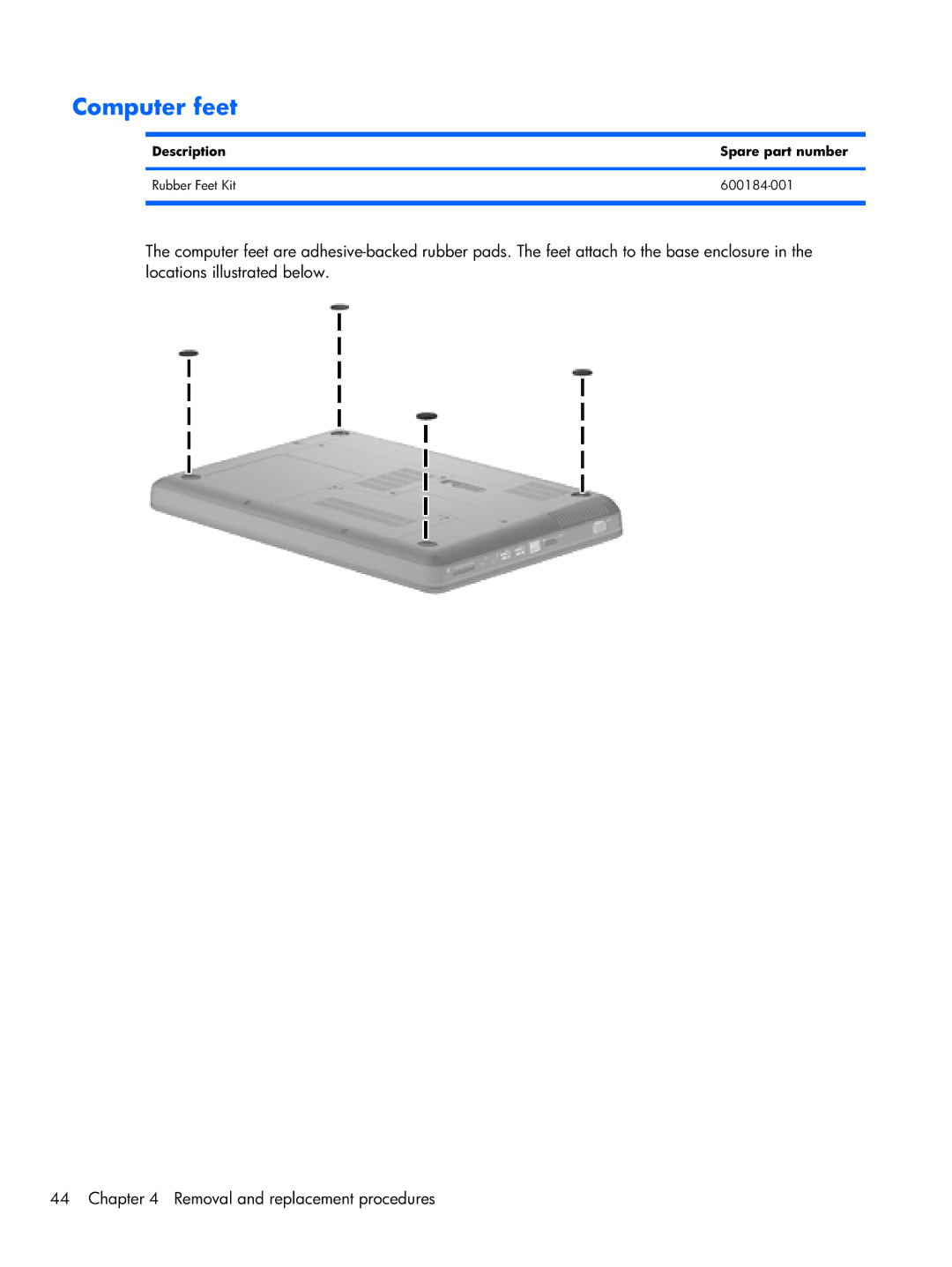 HP G42, CQ42 manual Computer feet, Description Spare part number Rubber Feet Kit 600184-001 