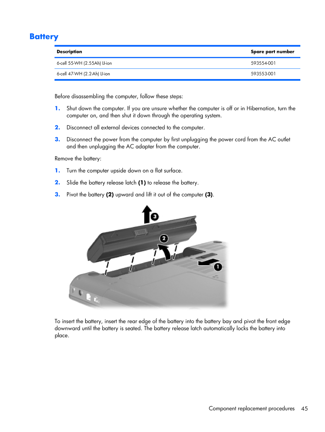 HP CQ42, G42 manual Battery, Description Spare part number 