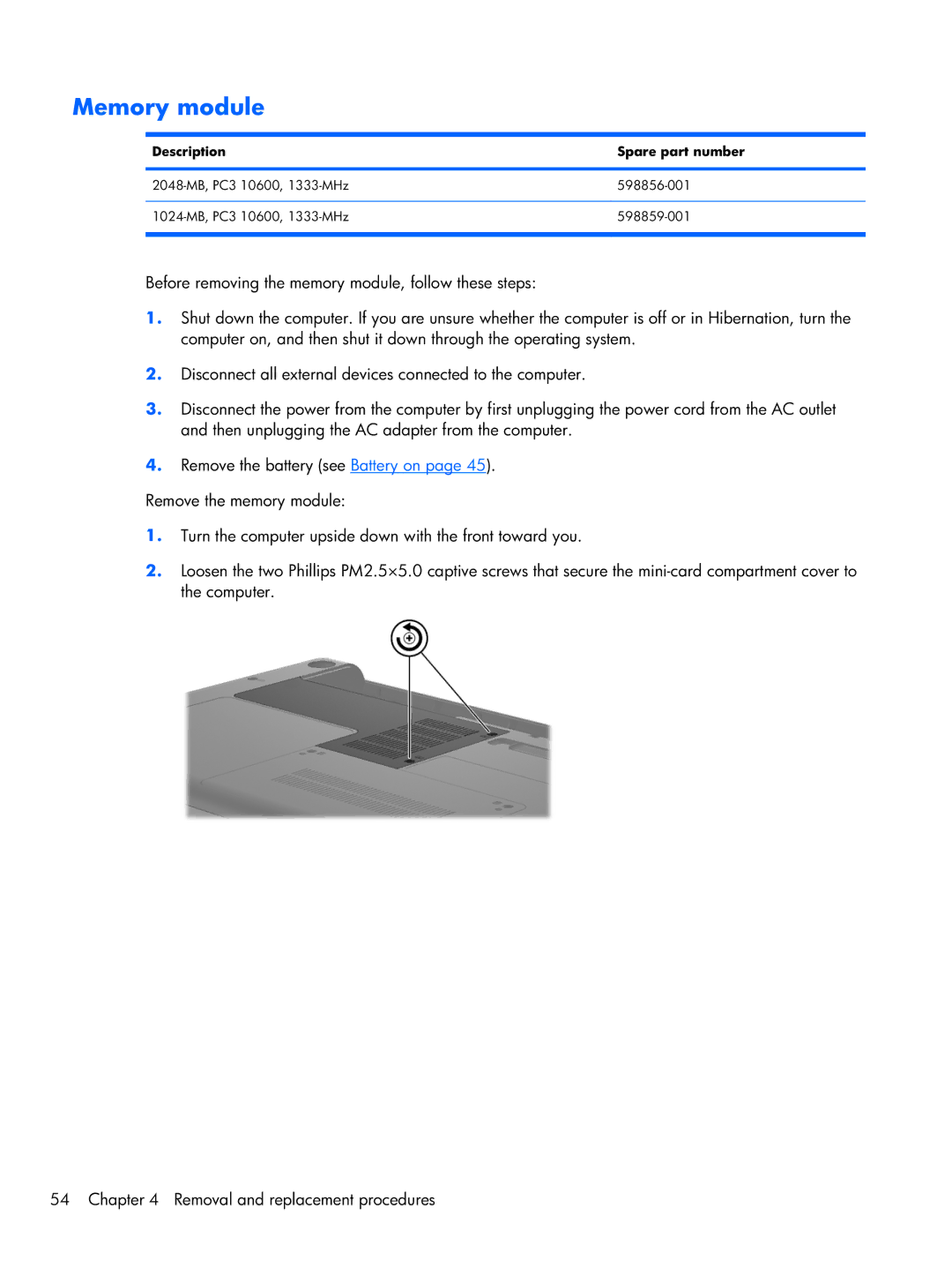 HP G42, CQ42 manual Memory module 