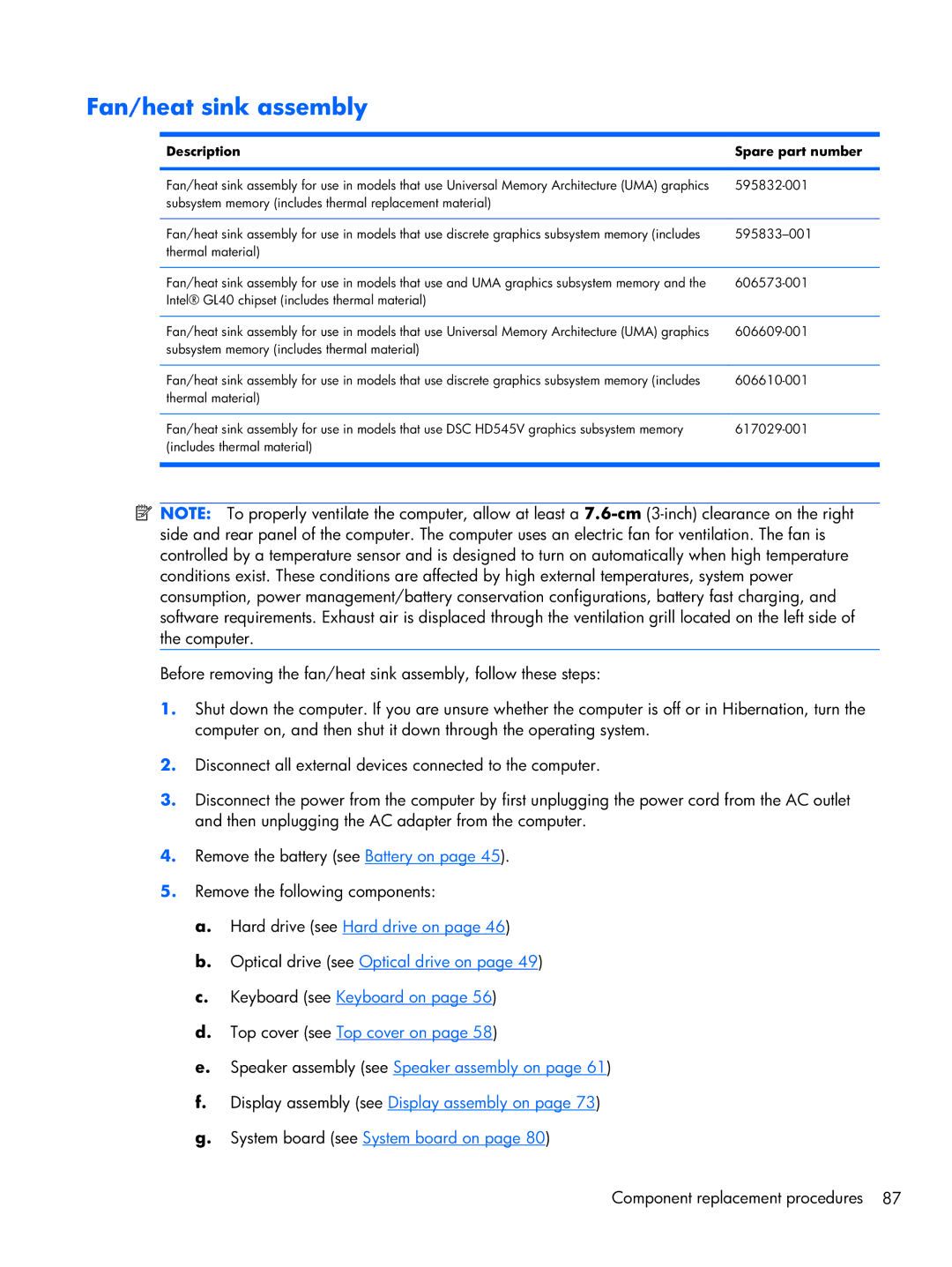 HP CQ42, G42 manual Fan/heat sink assembly, Subsystem memory includes thermal replacement material 