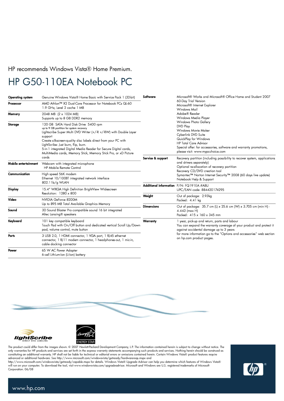 HP G50-110EA manual FQ191EA #ABU 