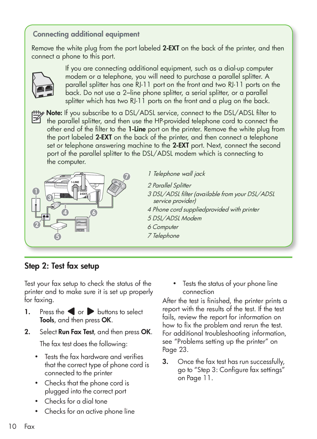 HP G510 manual Test fax setup, Connecting additional equipment 