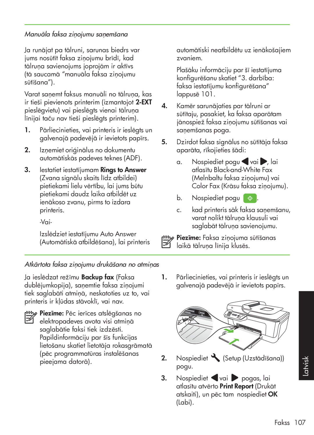 HP G510 manual Manuāla faksa ziņojumu saņemšana, Atkārtota faksa ziņojumu drukāšana no atmiņas 