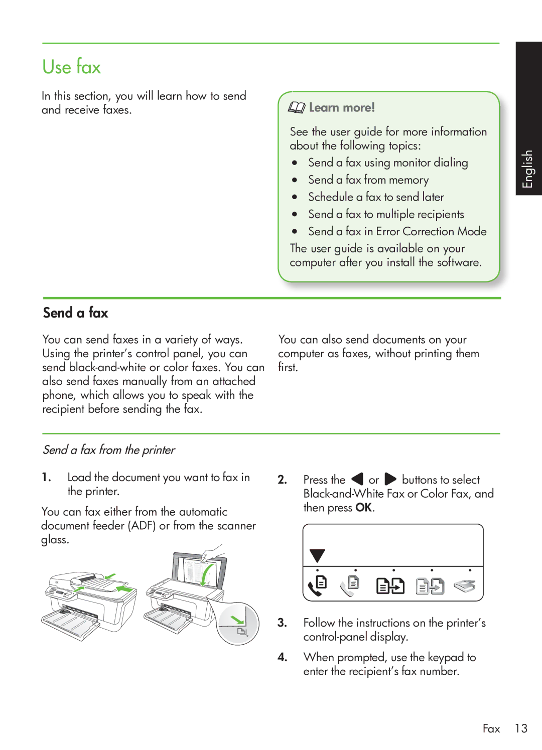 HP G510 manual Use fax, Learn more, Send a fax from the printer 