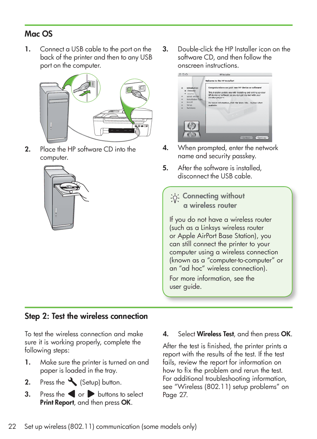 HP G510 manual Mac OS, Test the wireless connection, Connecting without a wireless router 