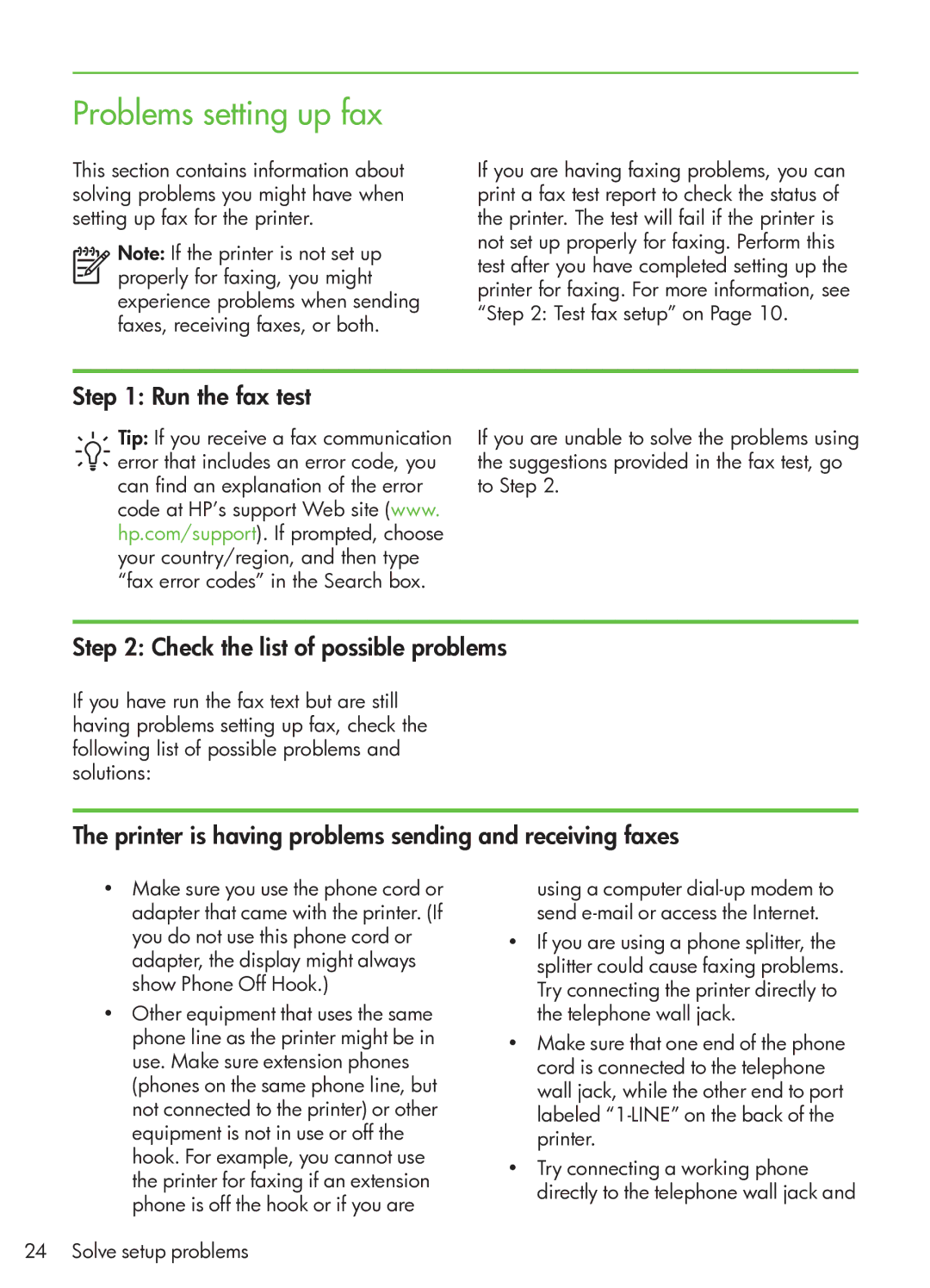 HP G510 manual Problems setting up fax, Run the fax test, Check the list of possible problems 
