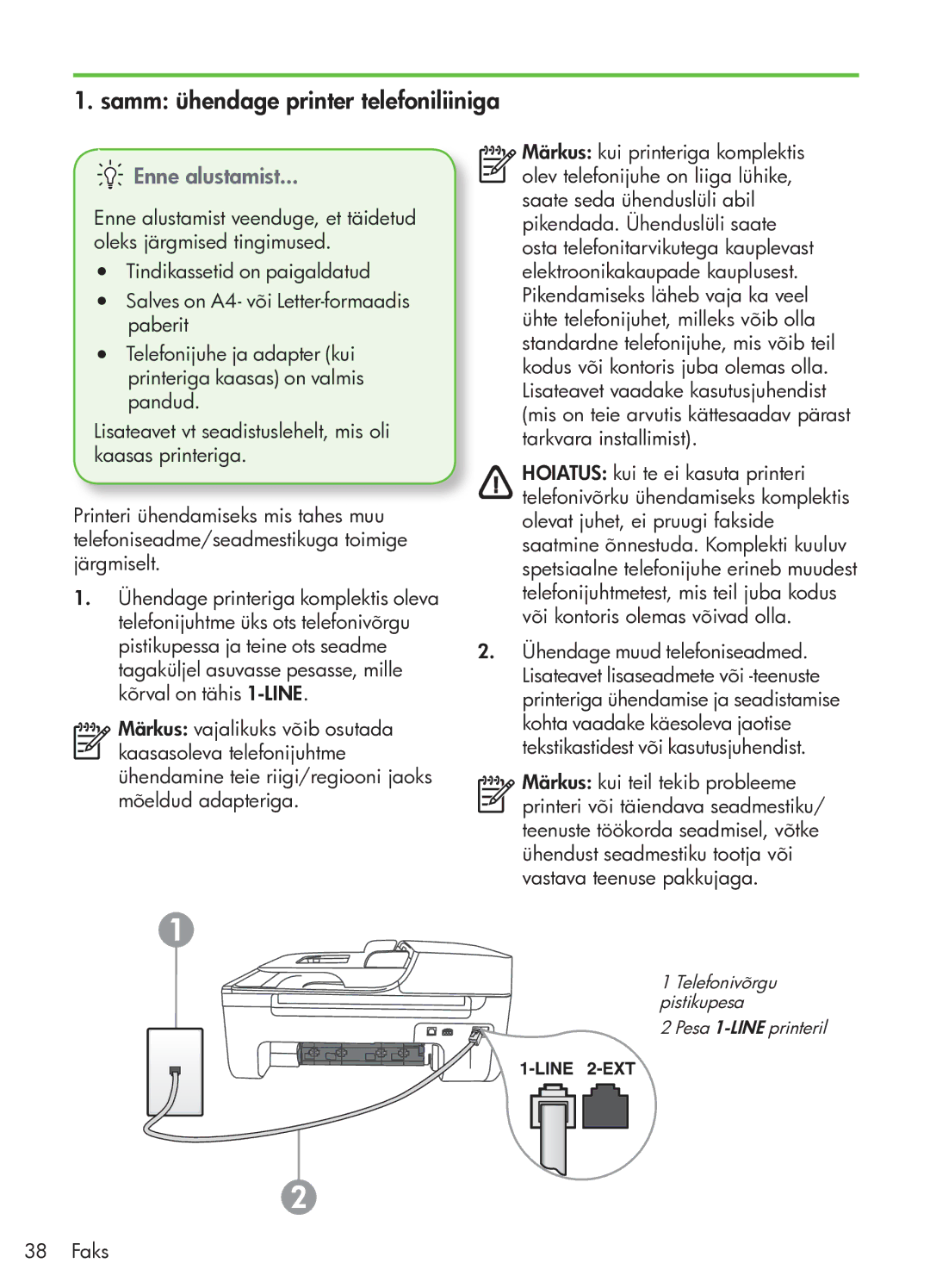 HP G510 manual Samm ühendage printer telefoniliiniga, Enne alustamist 