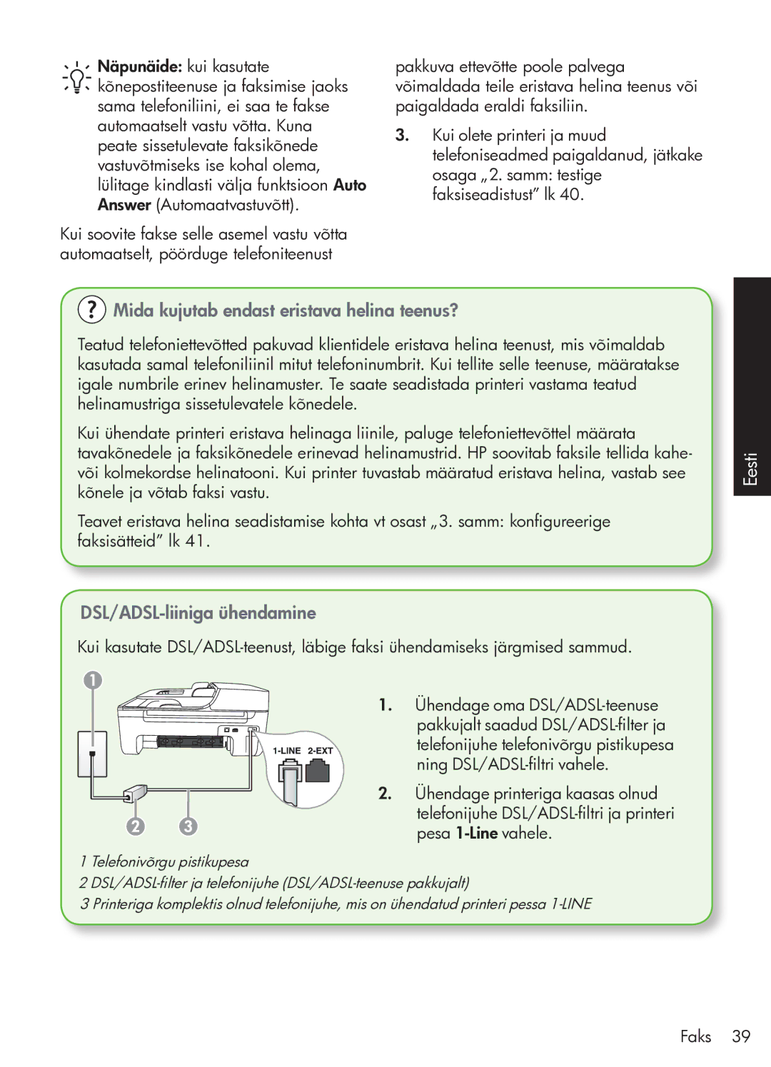 HP G510 manual Mida kujutab endast eristava helina teenus?, DSL/ADSL-liiniga ühendamine 