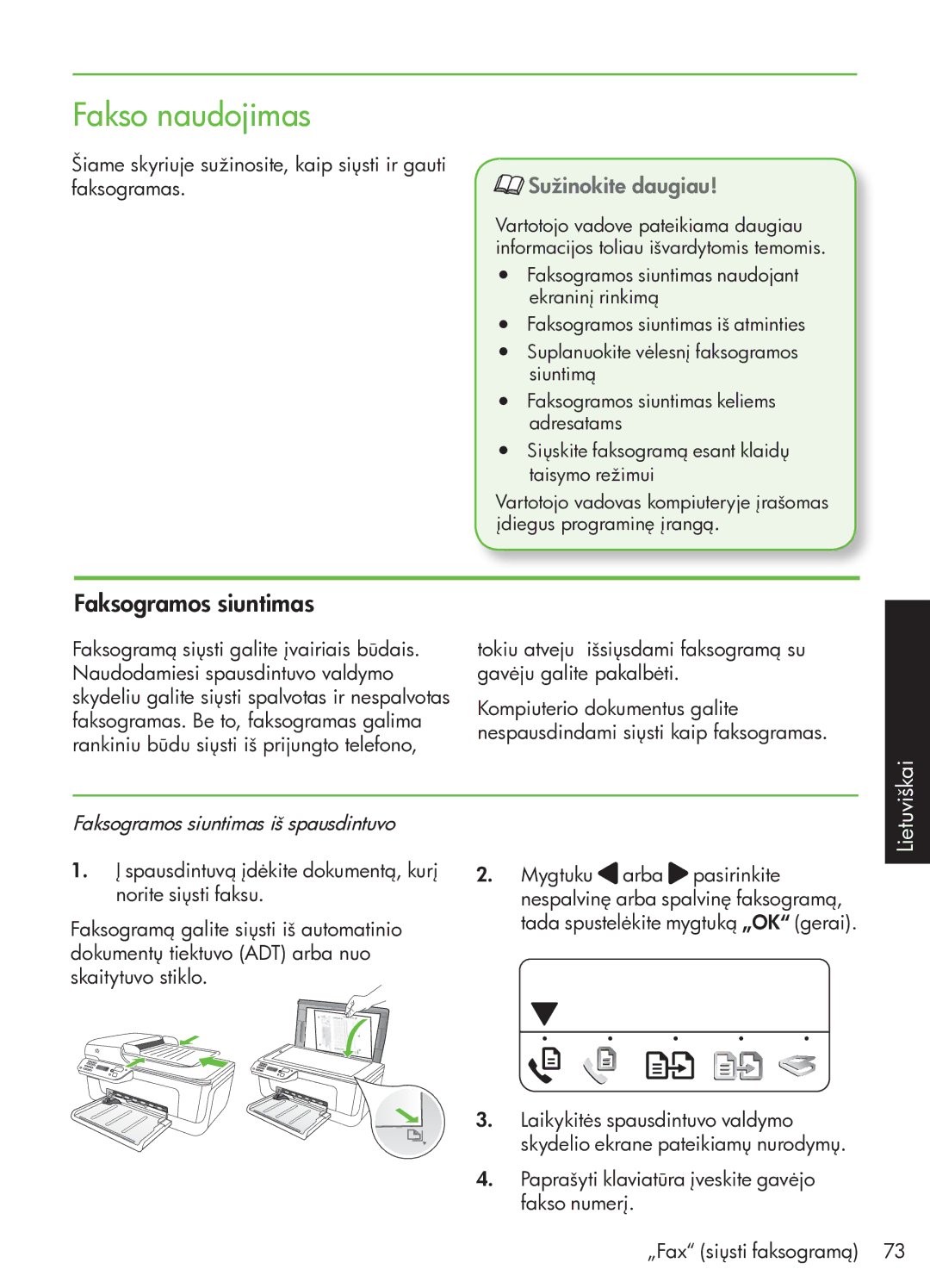 HP G510 manual Fakso naudojimas, Sužinokite daugiau, Faksogramos siuntimas iš spausdintuvo 