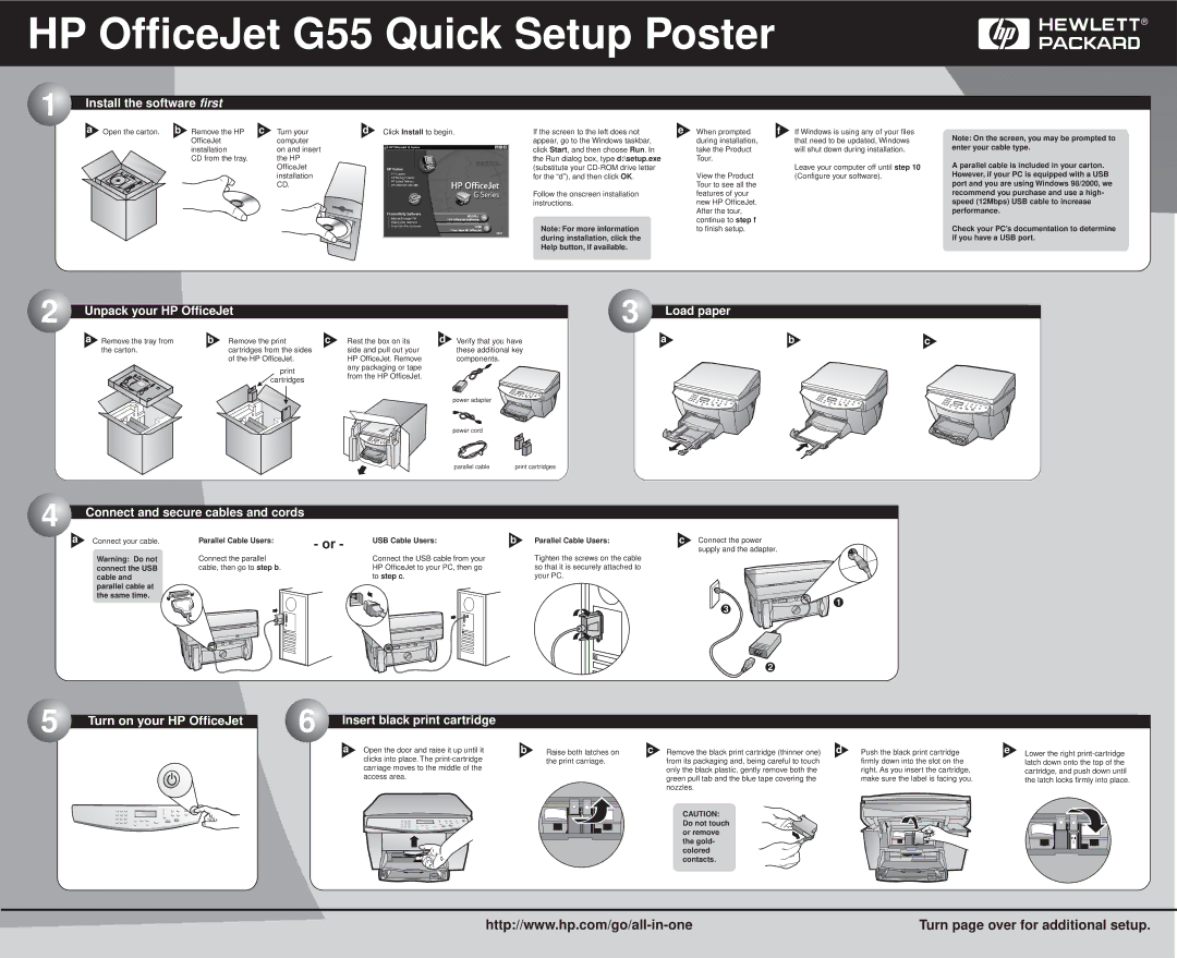 HP g55xi manual Install the software first, Unpack your HP OfficeJet, Load paper Connect and secure cables and cords 