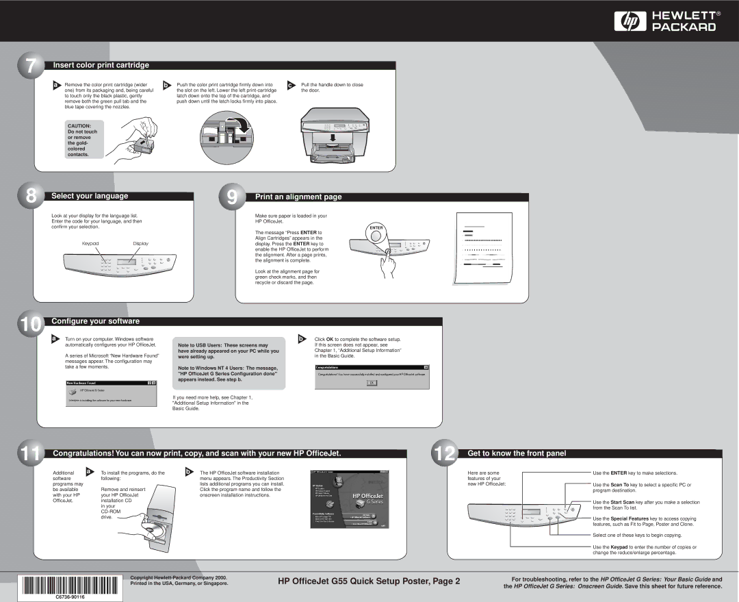 HP g55xi manual Insert color print cartridge, Select your language, Print an alignment, Configure your software 