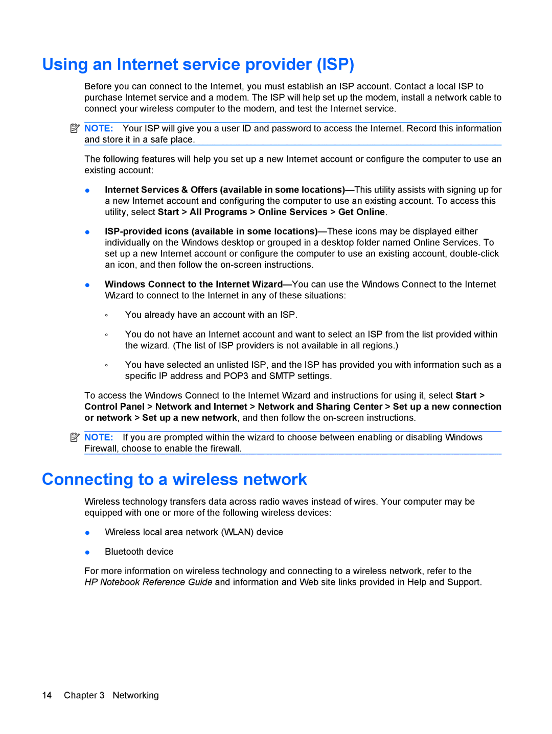 HP g6-1a30us manual Using an Internet service provider ISP, Connecting to a wireless network 