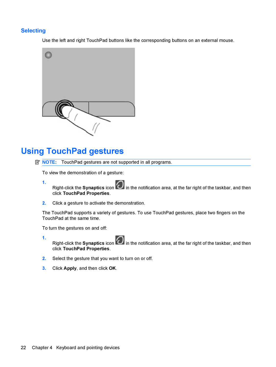 HP g6-1a30us manual Using TouchPad gestures, Selecting 