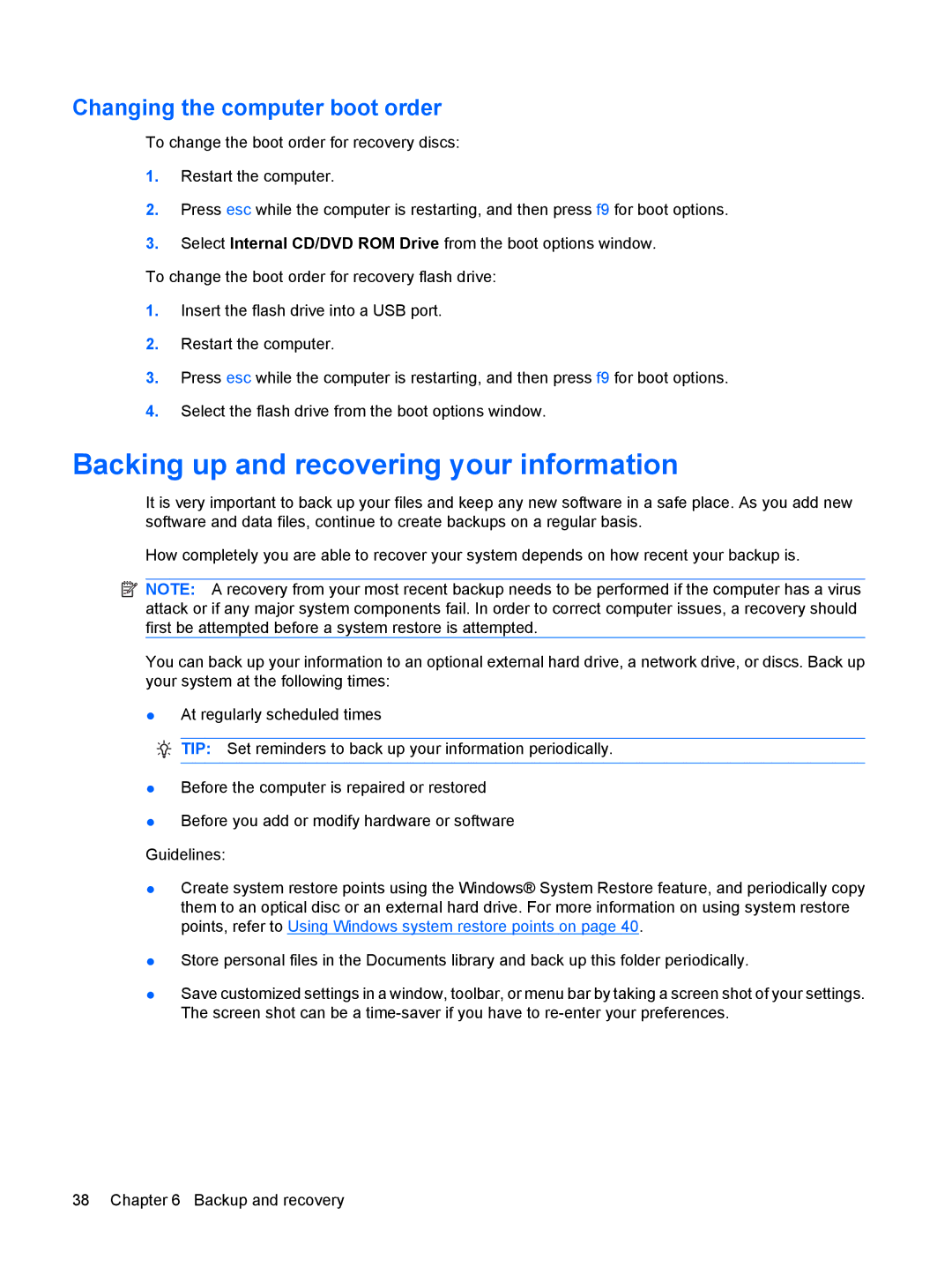 HP g6-1a30us manual Backing up and recovering your information, Changing the computer boot order 