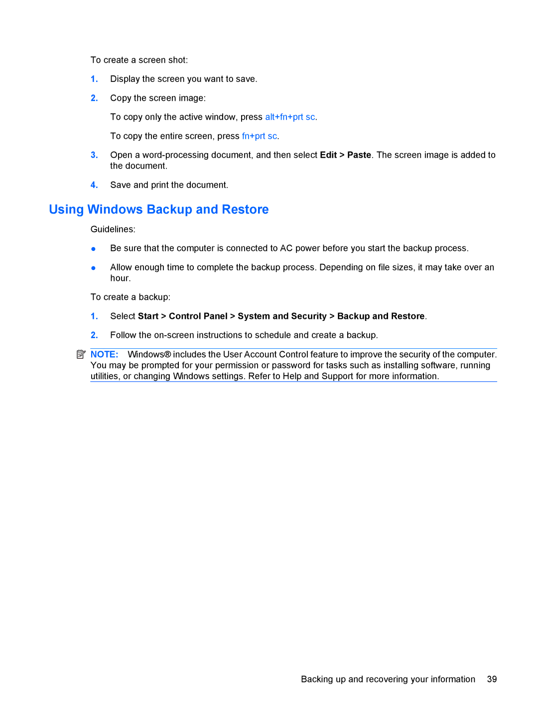 HP g6-1a30us manual Using Windows Backup and Restore 