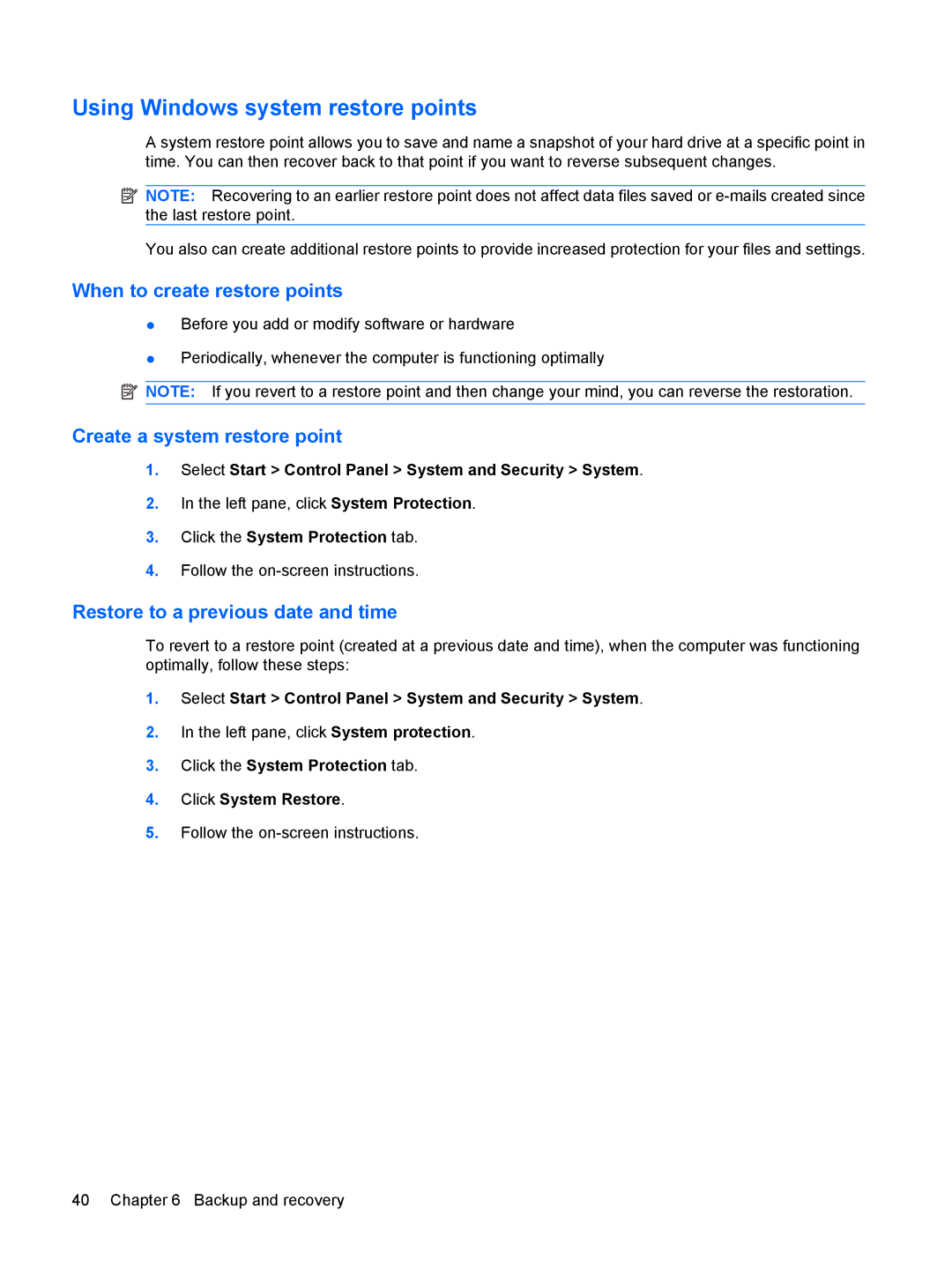 HP g6-1a30us manual Using Windows system restore points, When to create restore points 