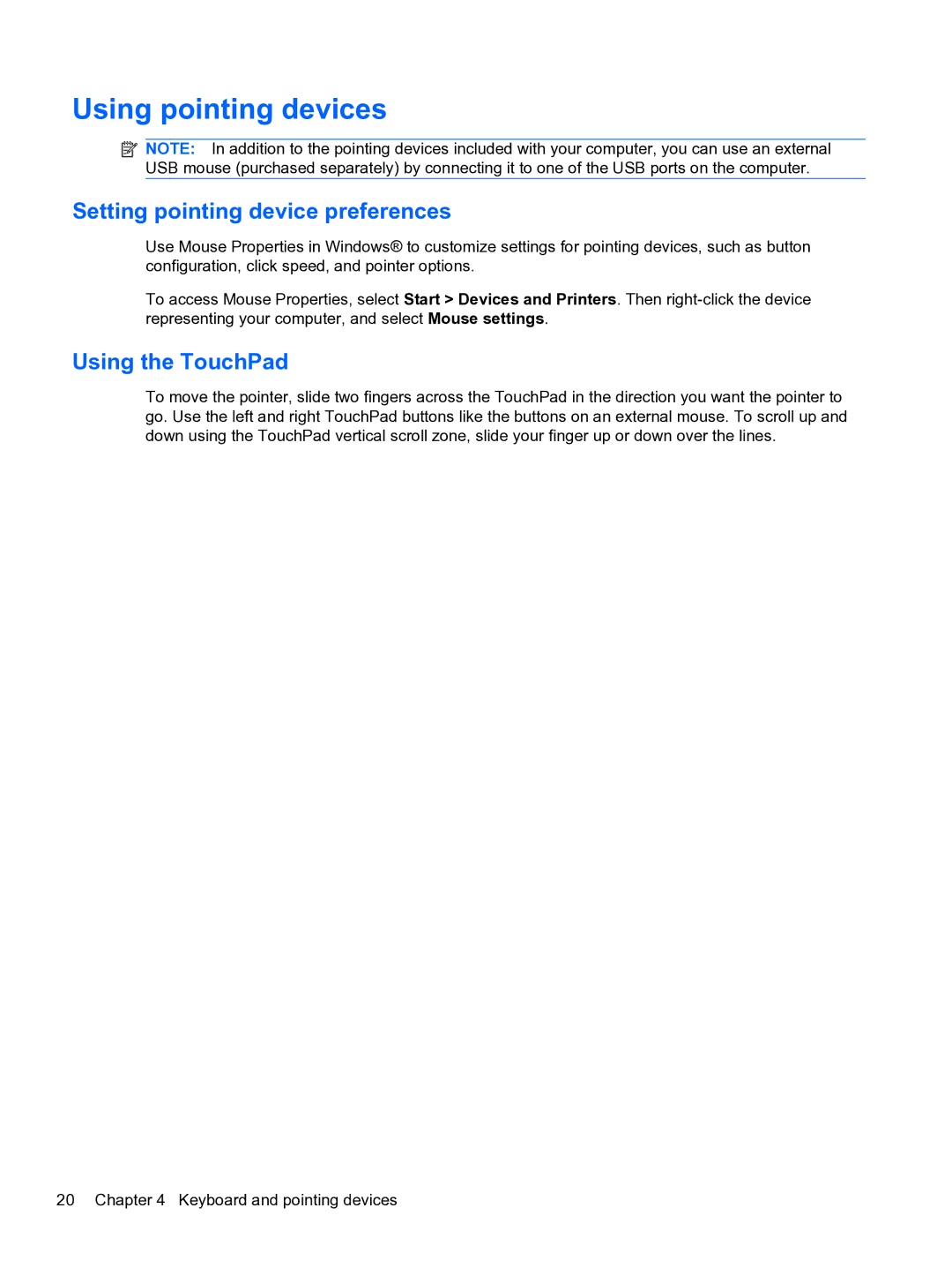 HP g6-1b60us manual Using pointing devices, Setting pointing device preferences, Using the TouchPad 