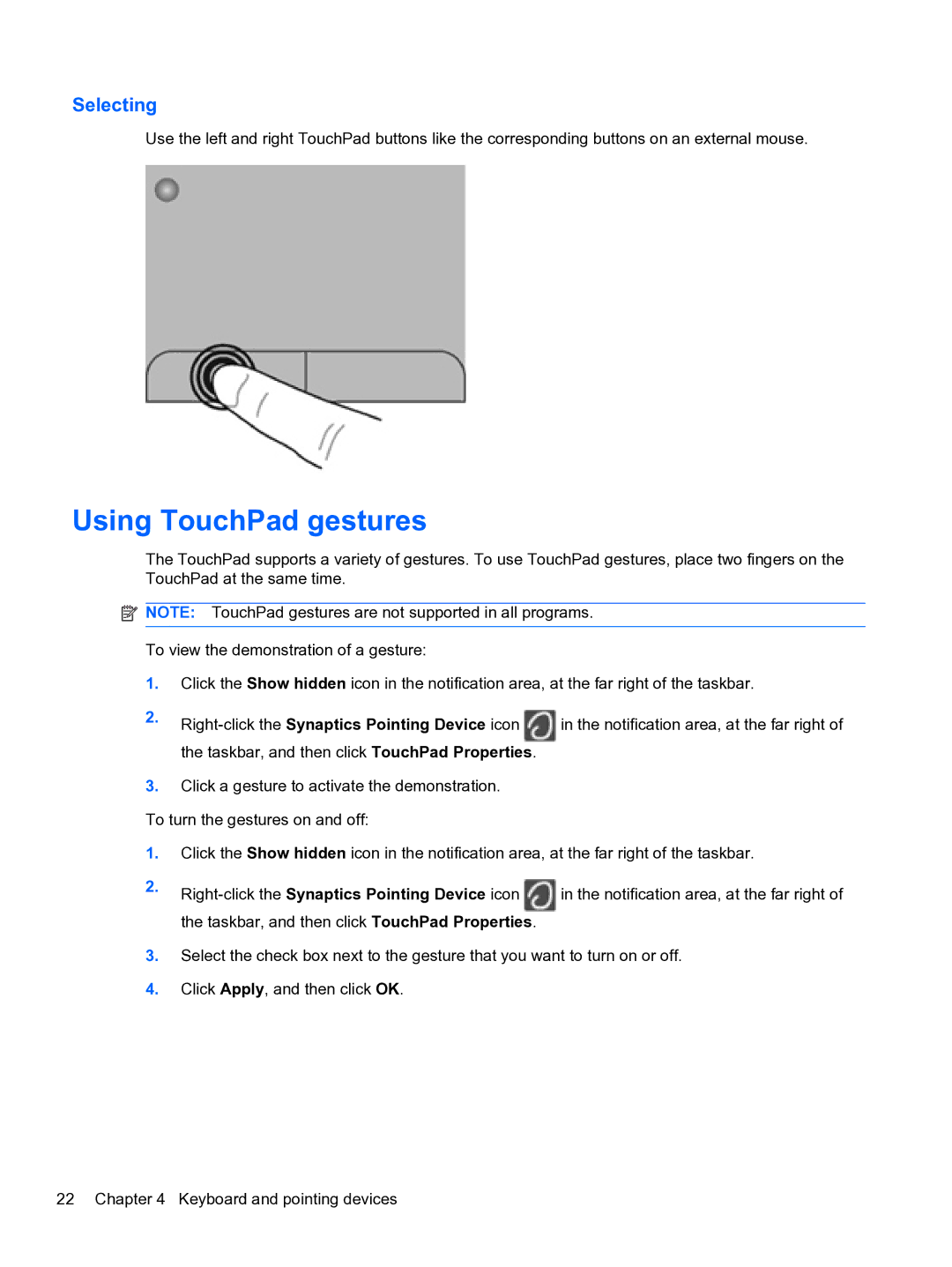 HP g6-1b60us manual Using TouchPad gestures, Selecting 