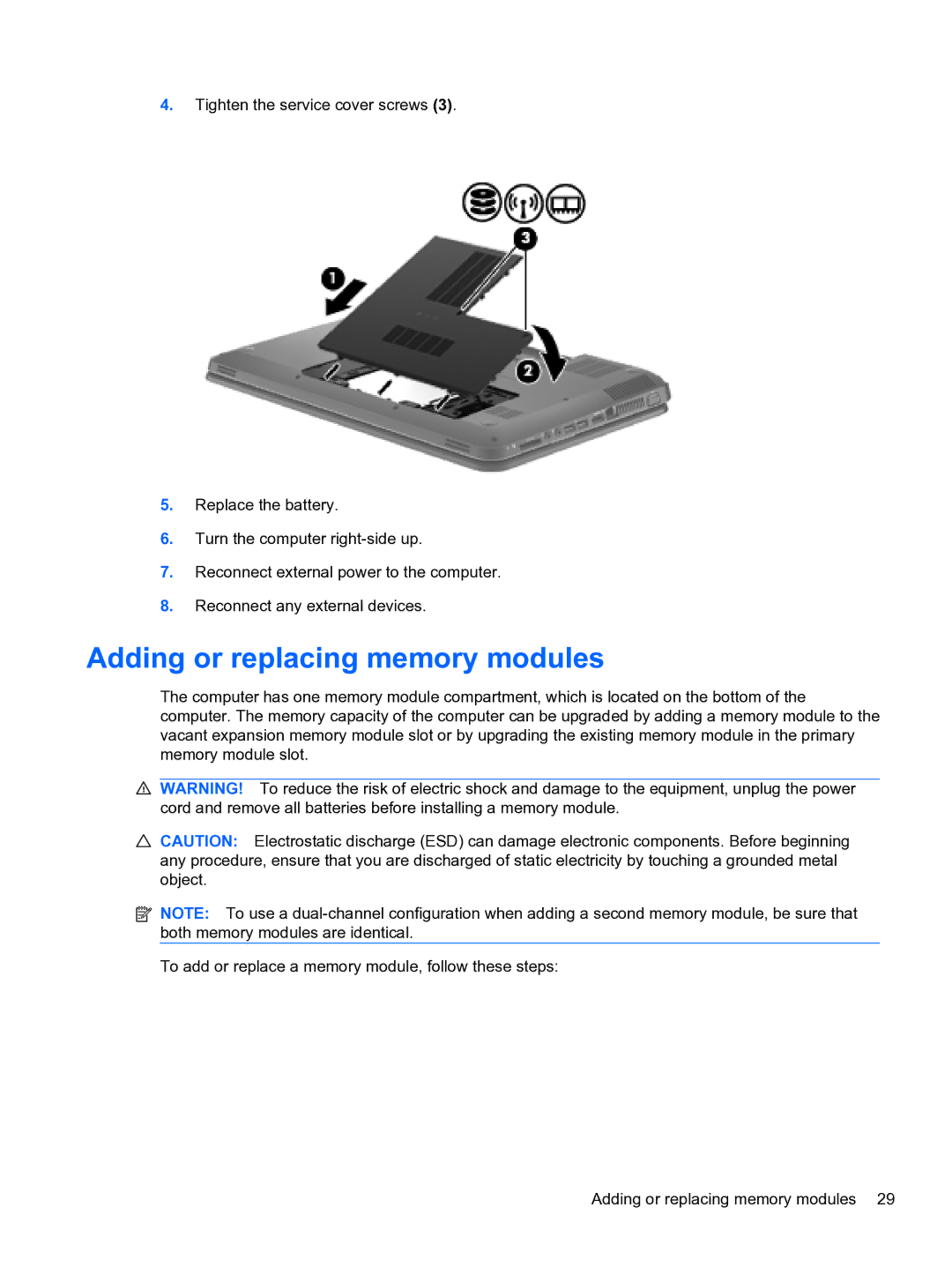 HP g6-1b60us manual Adding or replacing memory modules 