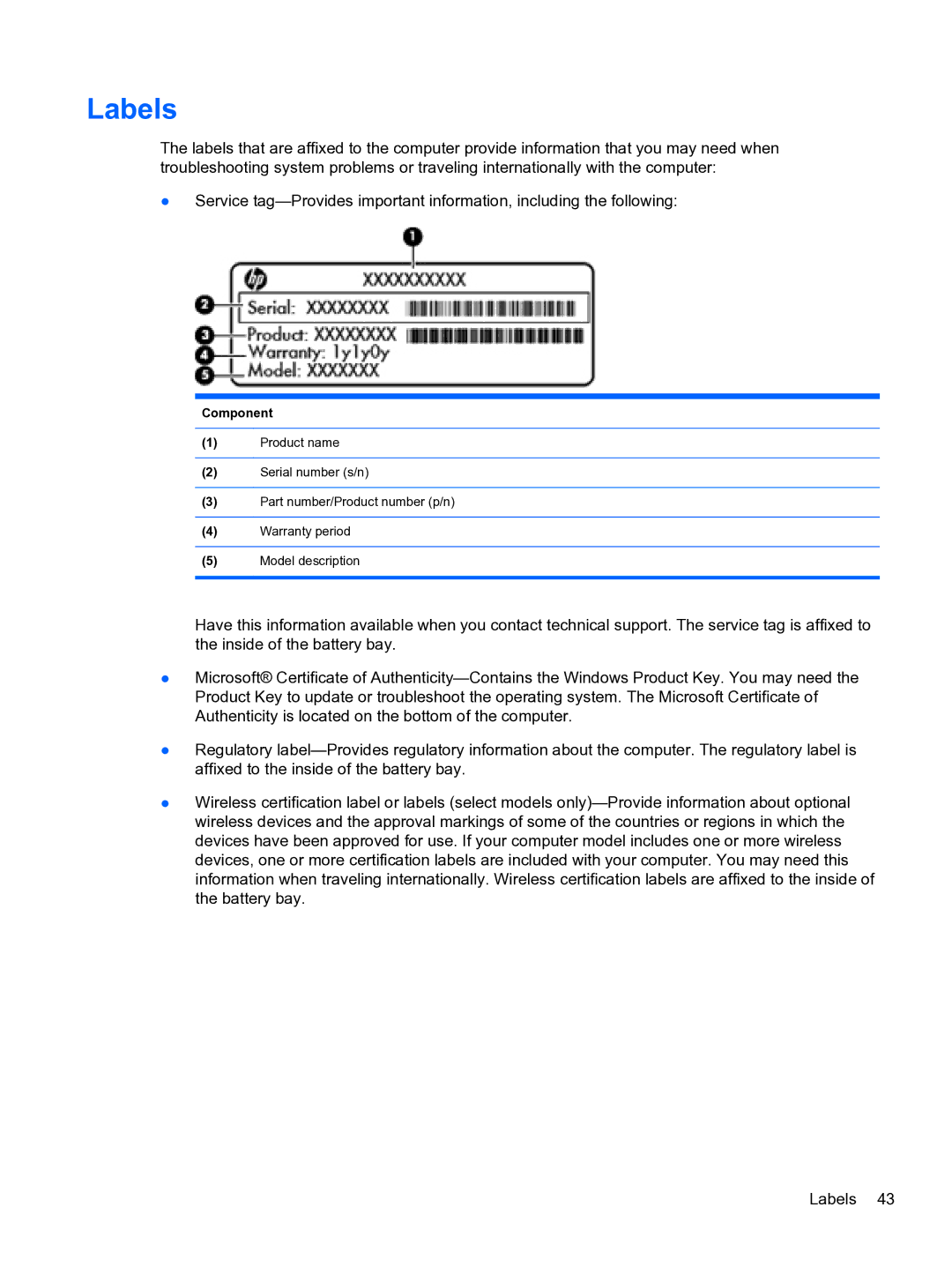 HP g6-1b60us manual Labels, Component 