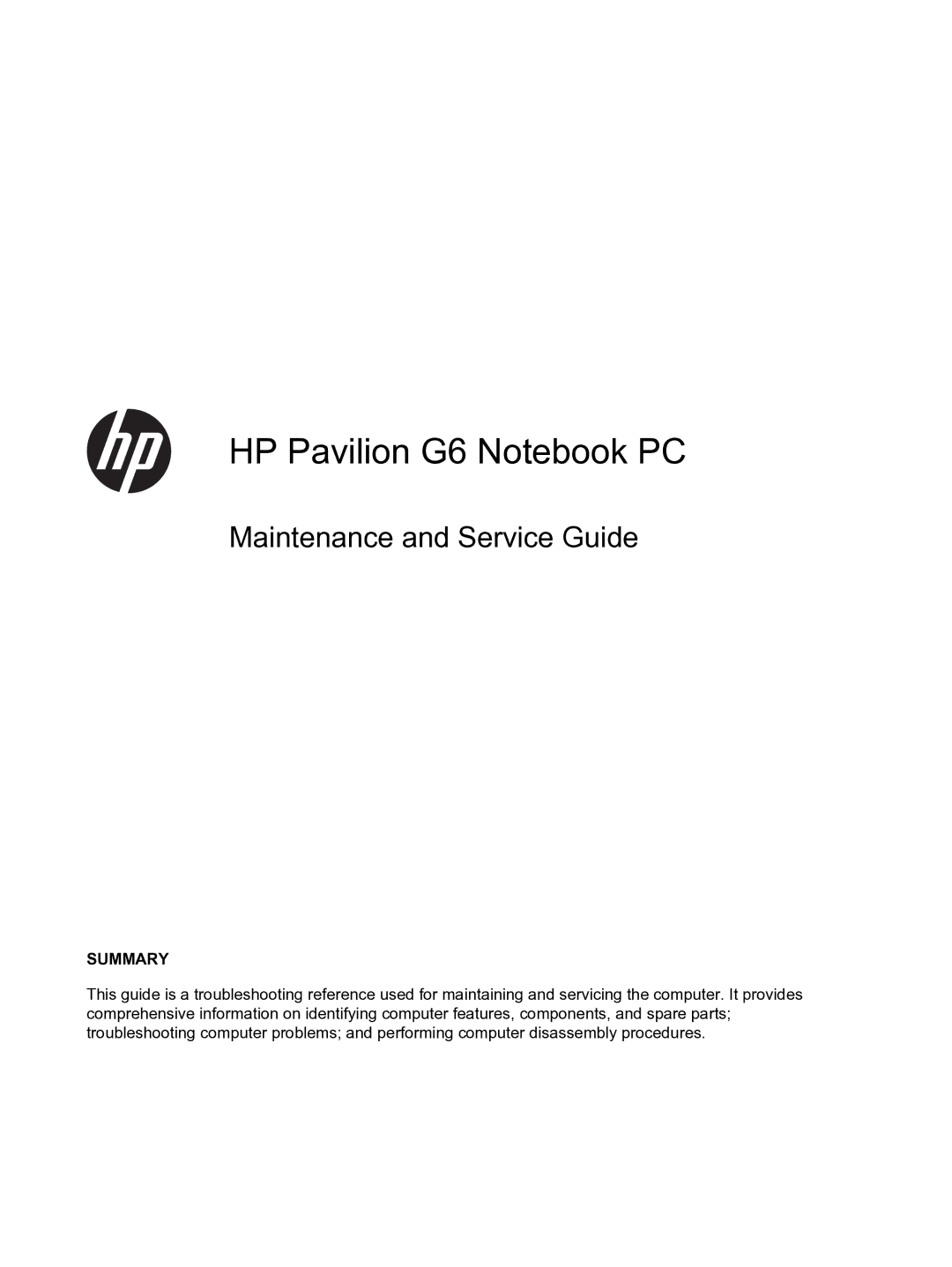 HP g6-1b6n8r G6 manual HP Pavilion G6 Notebook PC 