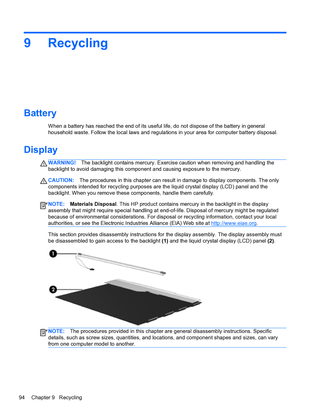 HP g6-1b6n8r G6 manual Recycling, Battery 