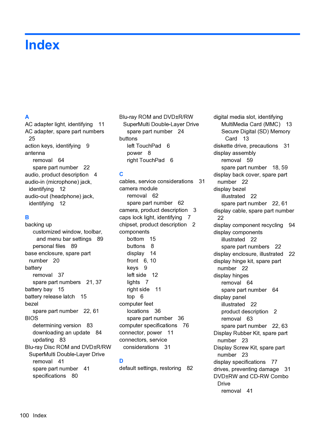 HP g6-1b6n8r G6 manual Index, Bios 