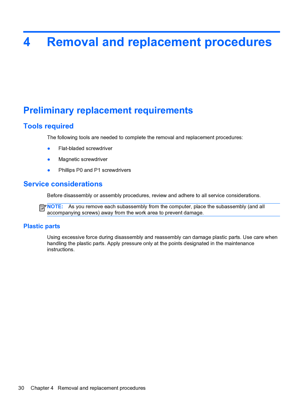 HP g6-1b6n8r G6 manual Removal and replacement procedures, Preliminary replacement requirements, Tools required 