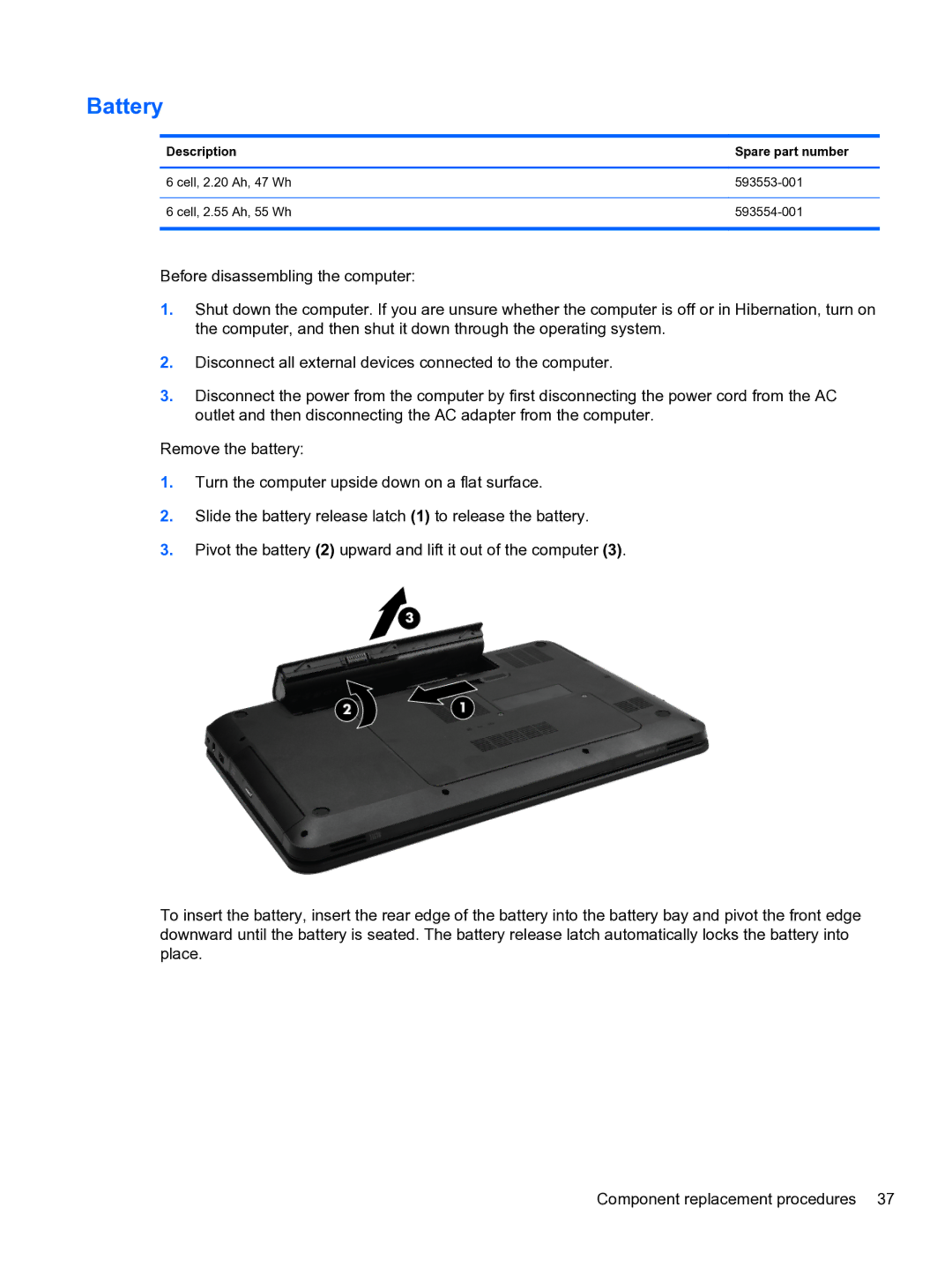 HP g6-1b6n8r G6 manual Battery, Description Spare part number 