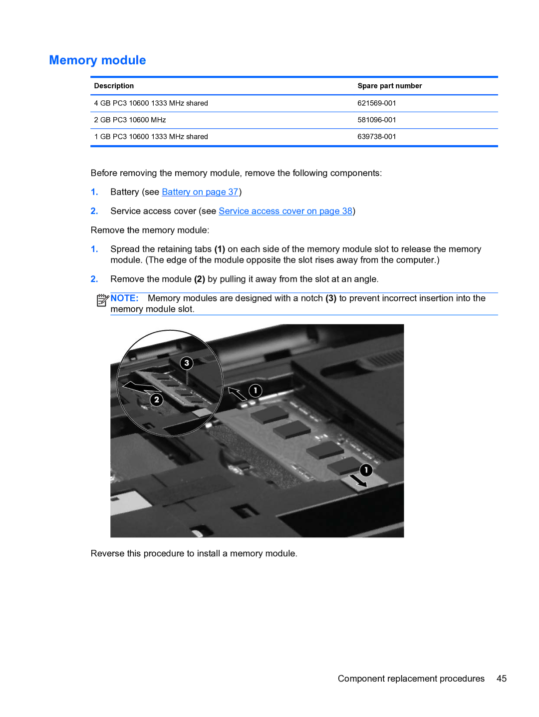 HP g6-1b6n8r G6 manual Memory module 