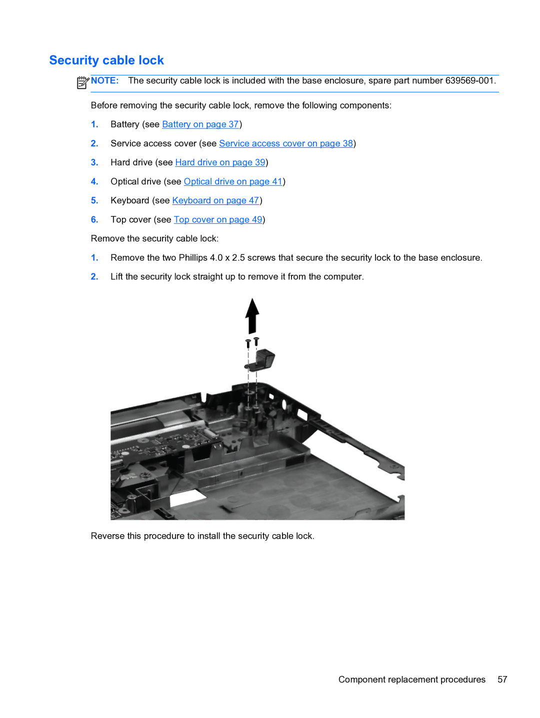 HP g6-1b6n8r G6 manual Security cable lock 