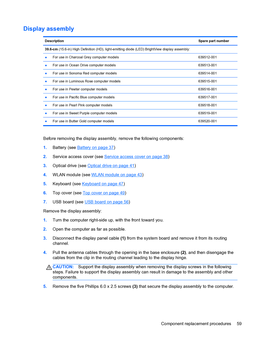 HP g6-1b6n8r G6 manual Display assembly, Description Spare part number 