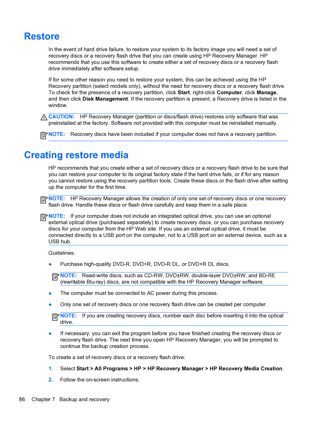 HP g6-1b6n8r G6 manual Restore, Creating restore media 