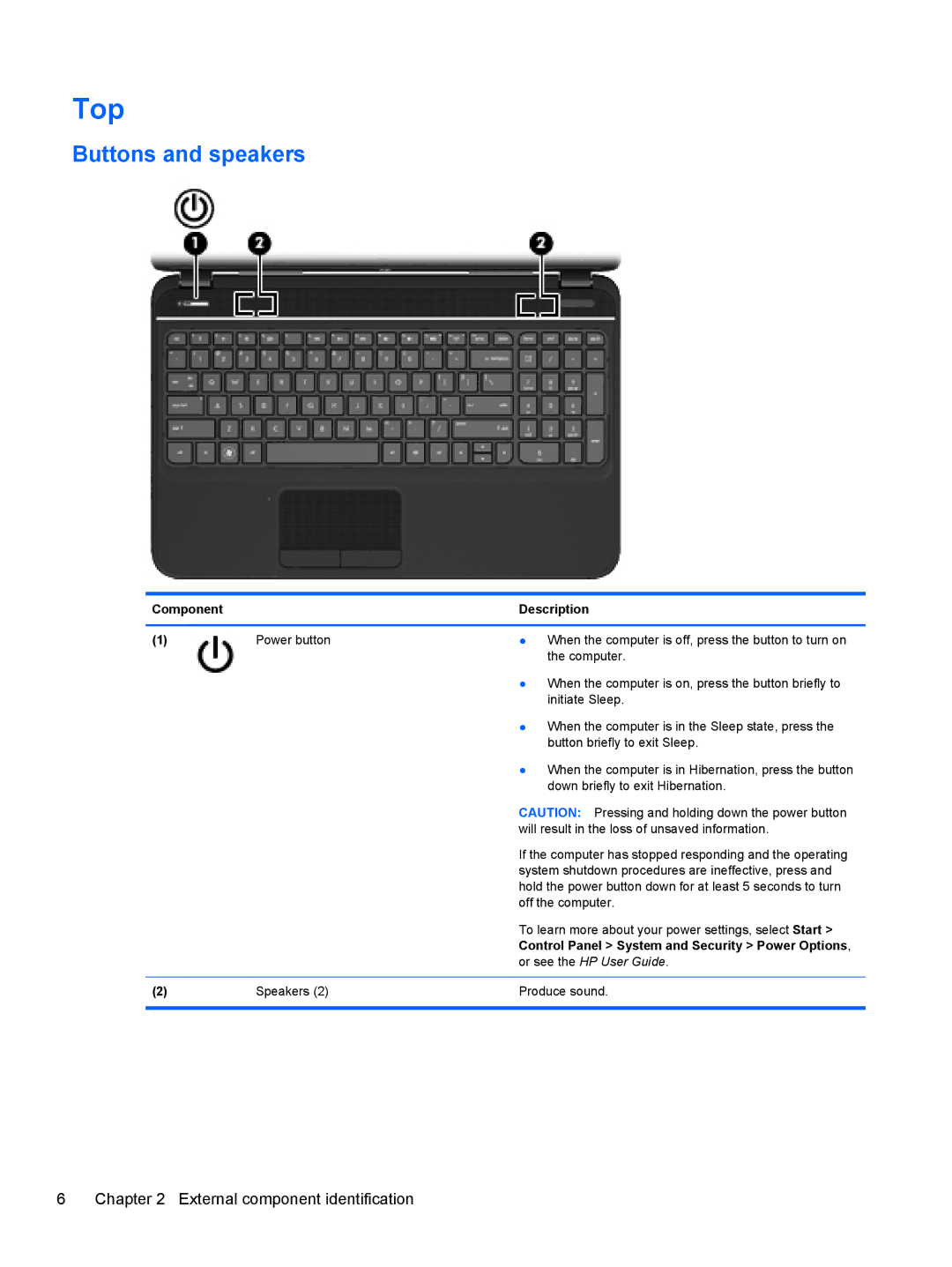 HP g6-1b6n8r QA059UAR#ABA manual Top, Buttons and speakers 