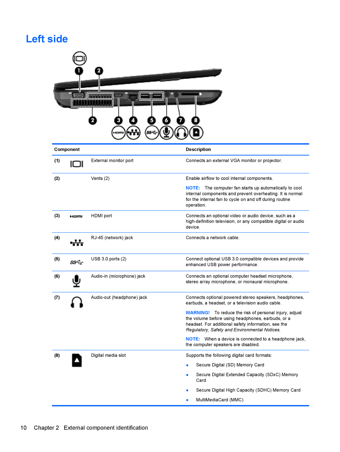 HP g6-1b6n8r QA059UAR#ABA manual Left side, Regulatory, Safety and Environmental Notices 