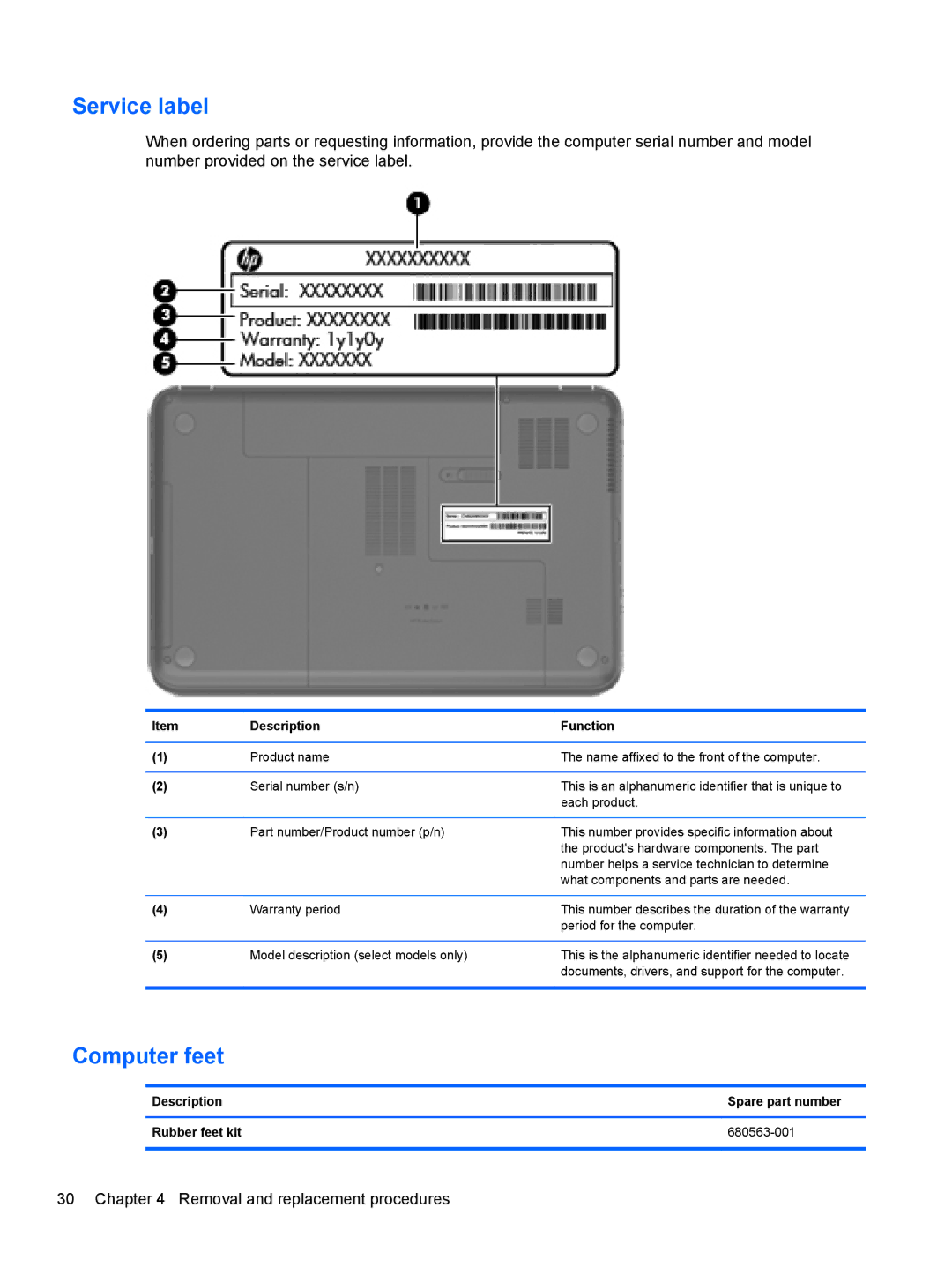 HP g6-1b6n8r QA059UAR#ABA manual Service label, Computer feet, Description Function 