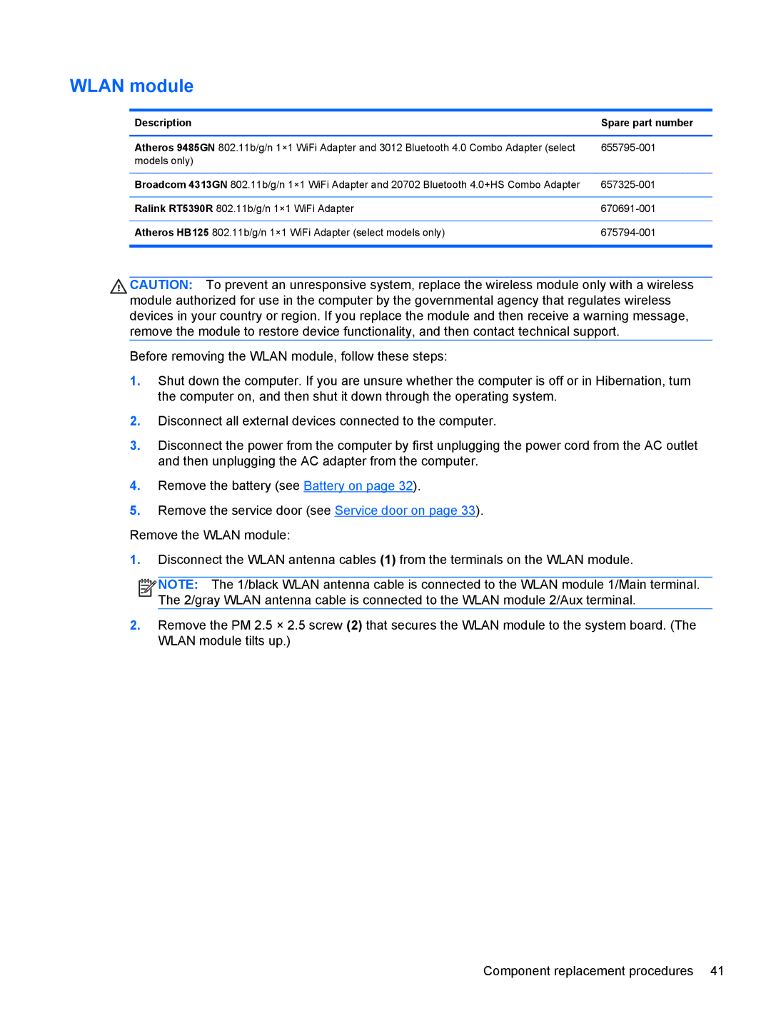 HP g6-1b6n8r QA059UAR#ABA manual Wlan module, Description Spare part number 