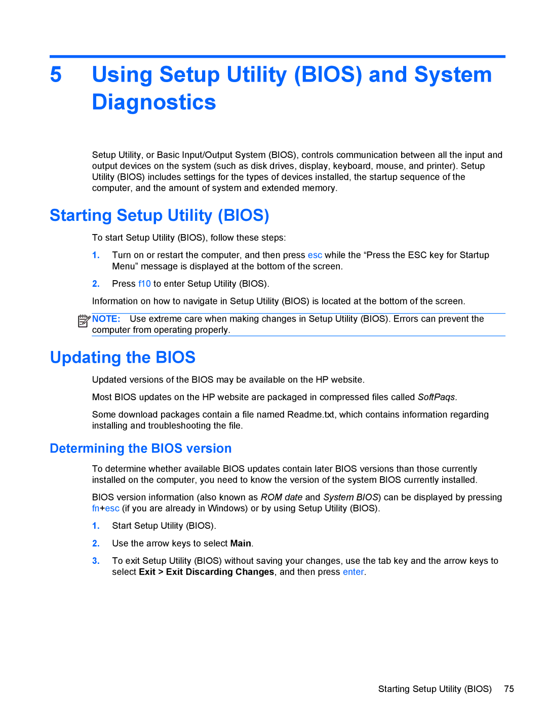 HP g6-1b6n8r QA059UAR#ABA Using Setup Utility Bios and System Diagnostics, Starting Setup Utility Bios, Updating the Bios 