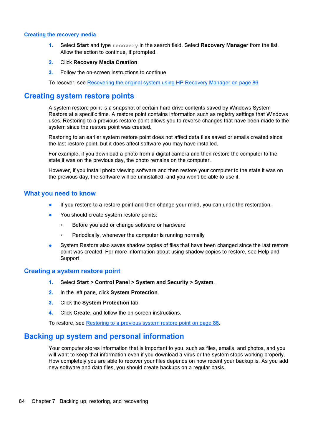 HP g6-1b6n8r QA059UAR#ABA manual Creating system restore points, Backing up system and personal information 