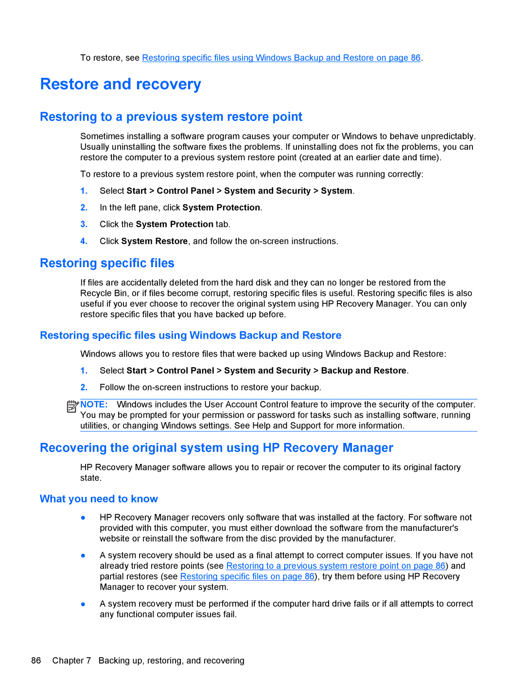 HP g6-1b6n8r QA059UAR#ABA Restore and recovery, Restoring to a previous system restore point, Restoring specific files 