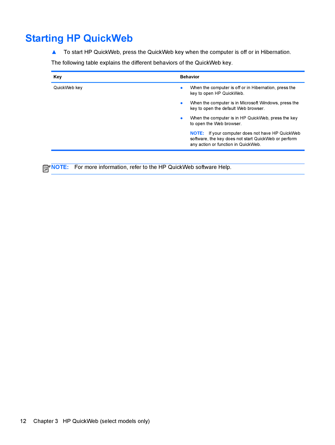HP g6-1c62us manual Starting HP QuickWeb, Key Behavior 