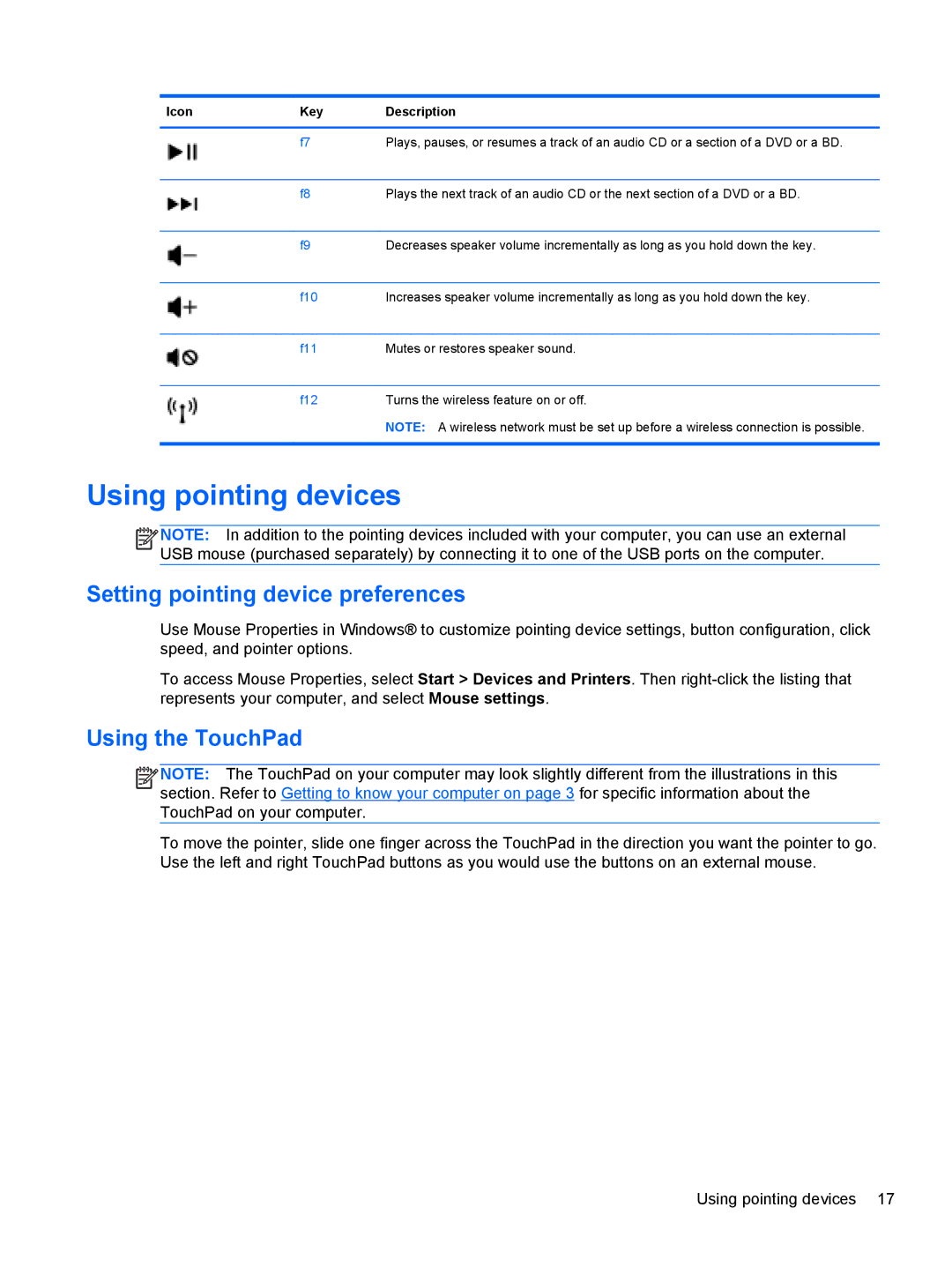 HP g6-1c62us manual Using pointing devices, Setting pointing device preferences, Using the TouchPad 