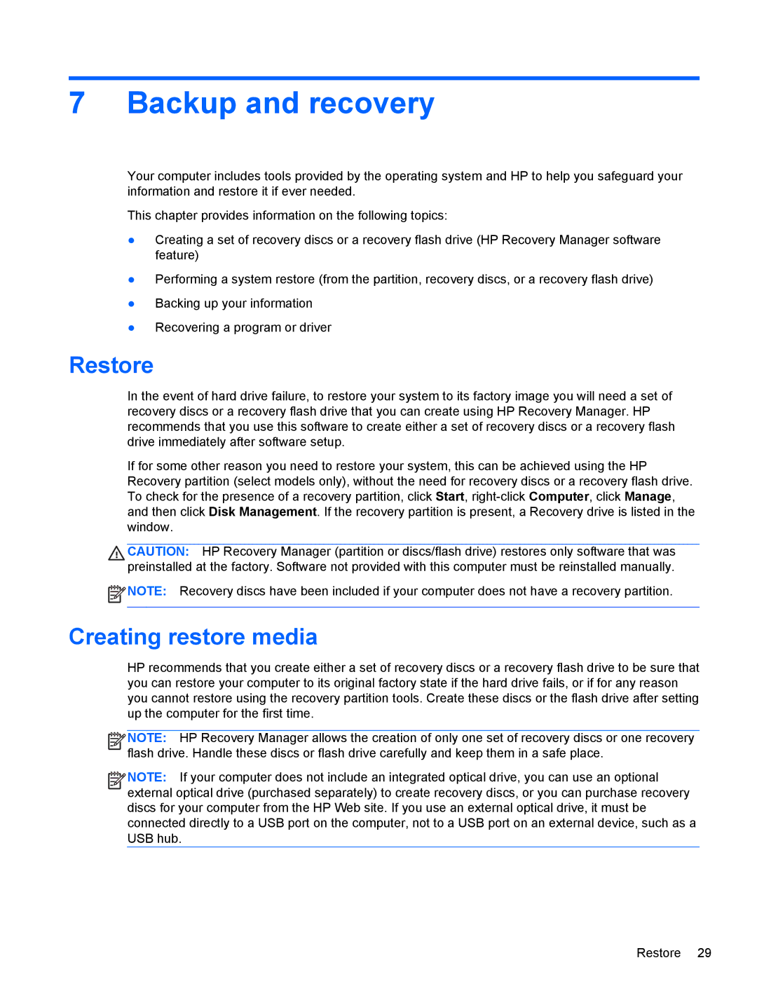 HP g6-1c62us manual Backup and recovery, Restore, Creating restore media 